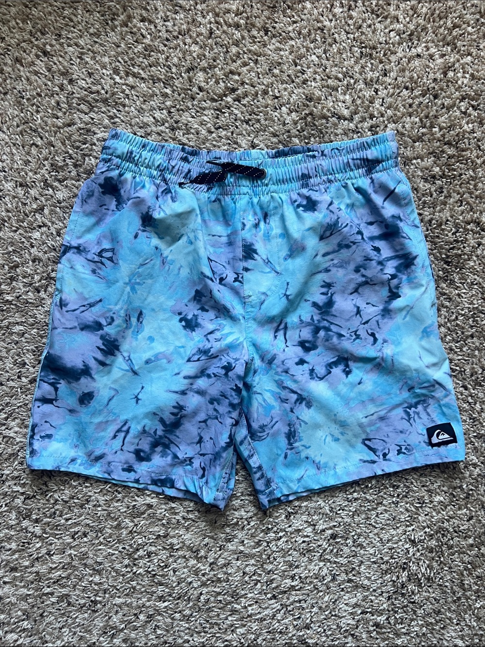 Quiksilver Blue Tie-Dye Swim Shorts with Black Drawstring